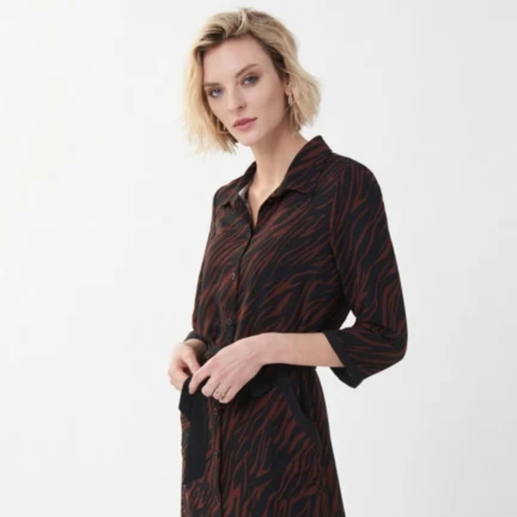 Joseph Ribkoff Brown Animal Print Midi Dress Long Sleeve Pockets Duster Size 4 - Picture 14 of 14